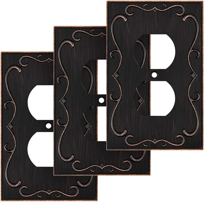 French Cabriole Decorative Wall Plate Switch Plate Outlet Cover (Single Duplex, 3 Pack, Aged Bronze)