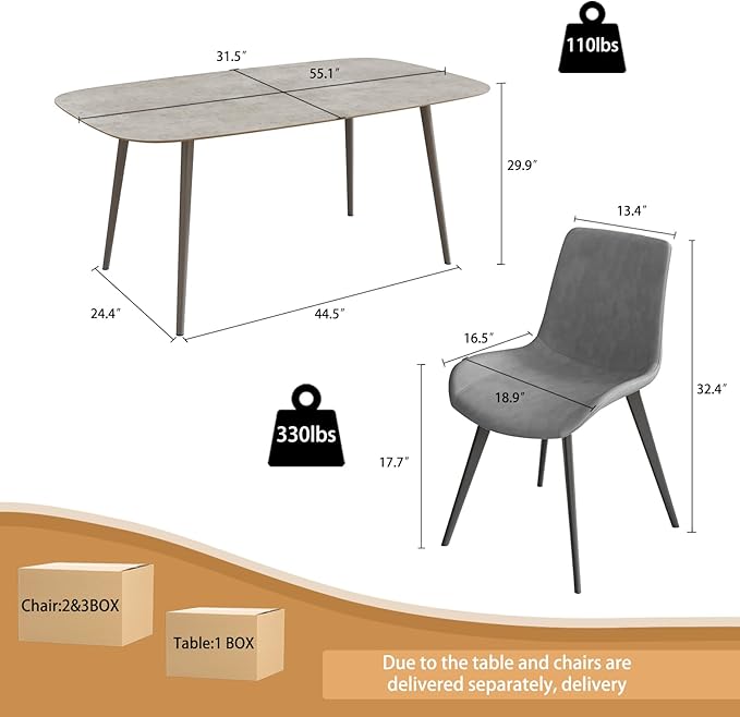 55.1'' Dining Table Set for 4,Modern Wood Dining Table,Leather Dining Chairs 4,Table and Chairs Set of 4,Ideal for Kitchen Dining Room (Gray Table + 4 Gray Chairs, 55.1")