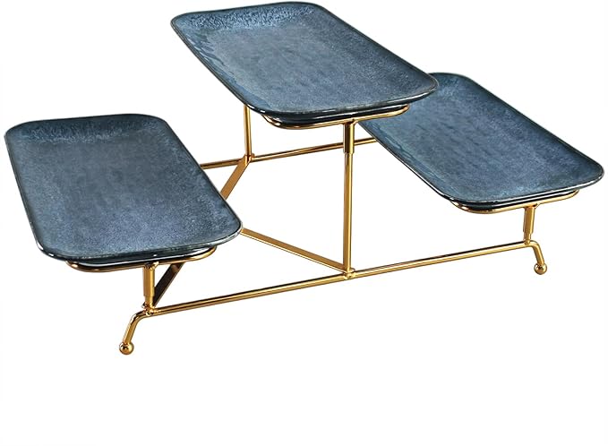 3 Tier Serving Trays for Party, 14.1 Inch Porcelain Serving Platters and Tiered Trays, Foldable Sturdy Gold Stand, for Food Display, Fruit, Cake Dessert, Decoration Entertaining, Blue