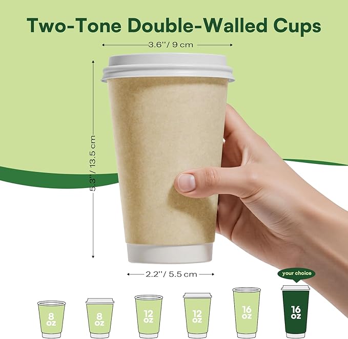 Disposable Coffee Cups with Lids 16 oz To Go Hot Cups,20 Pack Double Wall Paper Cups with Lids, BPI Compostable PLA Coated Natural Kraft Insulated Disposable Cups for Togo Office Cafe Party Travel