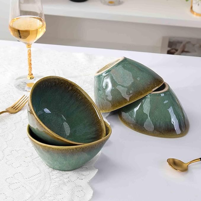 Henten Home Ceramic 20 oz Salad Bowls Set, Slanted Snack Bowl Set of 4, Porcelain Serving Bowls for Soup, Dessert, Microwave & Dishwasher Safe, Reactive Glaze (Green)