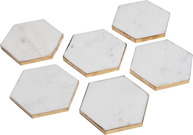 GoCraft Gold Edge Marble Coasters – Set of 6 Hexagon White Stone Coasters for Drinks – Stylish Drinkware Accessories for Wine Glasses, Coffee Mugs & Modern Coffee Table or Bar Decor