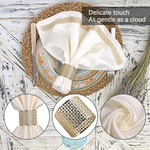 VIJIV 12 Pack Cloth Napkins and Gold Napkin Rings Set of 6, 17x17 Bling Trim Satin Cocktail Napkins Cloth Washable Personalized Dinner Napkins for Wedding Party Holiday Decorative - Image 2