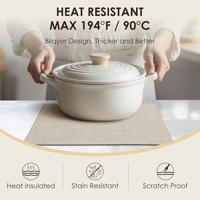 Placemats Set of 4, Bilayer Thickened Linen Place Mats Heat Resistant Machine Washable Wrinkle Free Carefully Selected Polyester Mats for Kitchen/Dining/Coffee Table (Cream Beige)