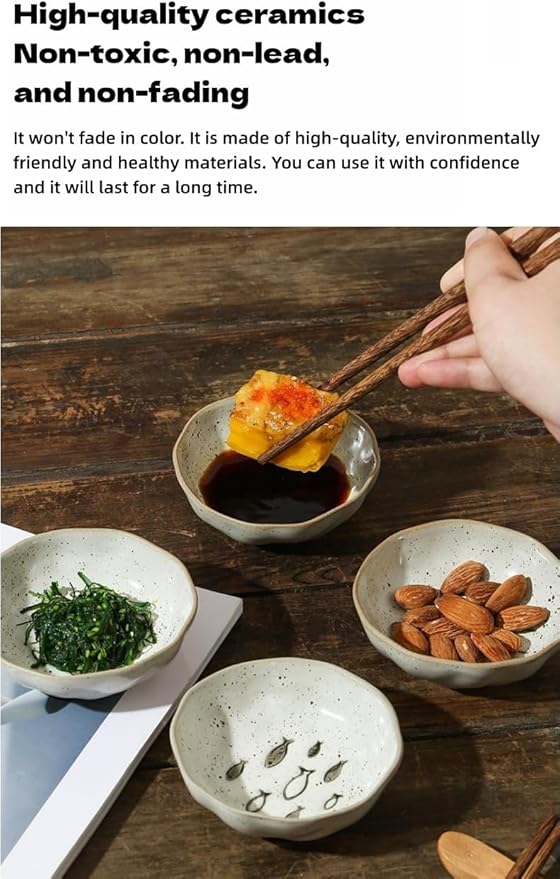 4-Pack Small Ceramic Bowls, （3.5in） Mini Dip Bowls with 2 Fish & 2 Sunflower Designs | Thickened Ramekins for Sauce, Snacks, Ice Cream, Charcuterie | Dishwasher & Oven Safe