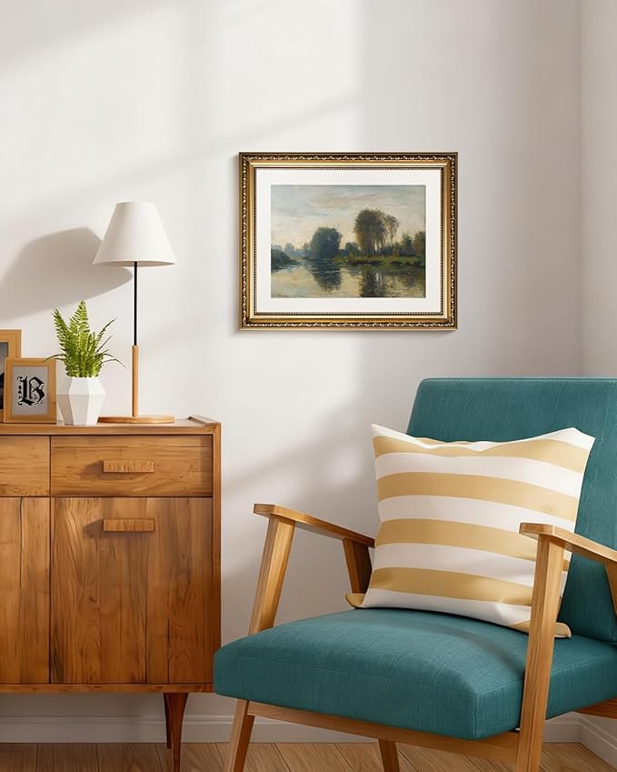 InSimSea Gold Picture Framed Wall Art, Living Room Vintage Lakeside Wall Decor, Nature River Landscape Canvas Print Art, Home Farmhouse Decor, Antique Paintings with Frame 13x16inch