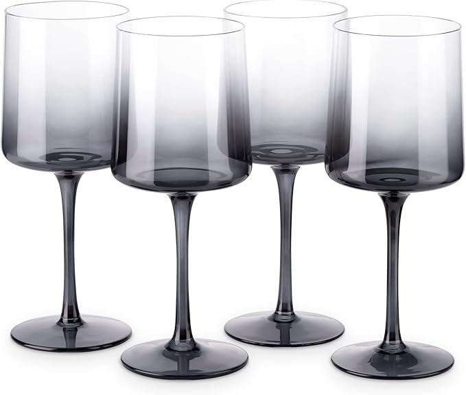 Navaris Gray Square Wine Glasses (Set of 4) - Smoke Color Wine Glasses with Stems - Glassware with Stem for Serving Wine, Cocktails, Beer, Dessert