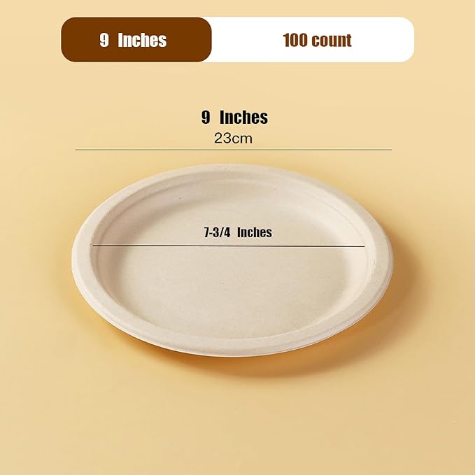 9 Inches Disposable Plate, Biodegradable Paper Plates Food Container for Barbecue, Party, Pack of 100