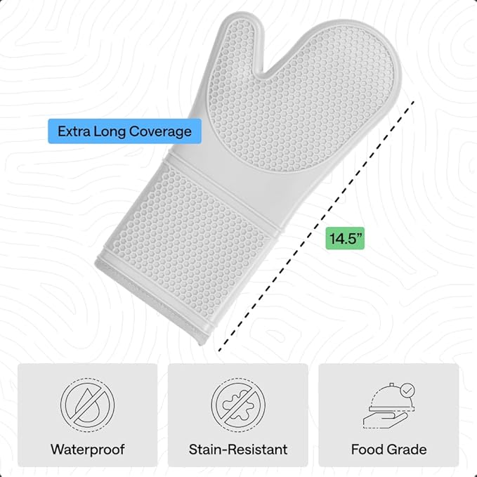 GORILLA GRIP BPA-Free Soft Silicone Oven Mitts, 14.5x8.3, Heat Resistant and Waterproof Cooking Gloves, Thick Cotton Lining, Flexible Gripping for Baking Grilling, Kitchen Potholders Set of 2, White