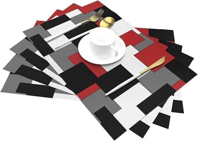 Red Black Grey White Placemats Set of 4 Abstract Modern Art Geometric Wipeable Table Mats Reusable Washable PVC Rectangle Place Mats for Kitchen Dining Home Decor 12x18 Inches