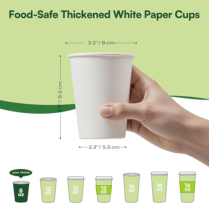 8 oz Paper Coffee Cups Disposable Hot Cups, 400 Pack Leak Proof White Paper Cups, 300GSM Thickened Small Disposable Cups, Bulk Coffee Cups for Everyday Home Office Coffee Bar Supplies Party Essentials