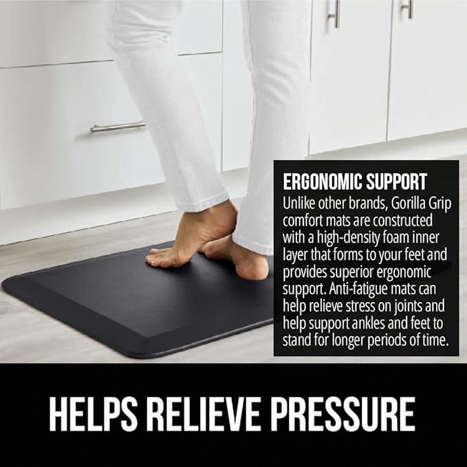GORILLA GRIP Comfortable Cushioned Kitchen Mats for Floor, 39x20, Waterproof and Stain Resistant Soft Top, 3/4 Inch Thick Ergonomic Standing Desk Anti Fatigue Mat, Foam Supports Ankles and Feet, Black
