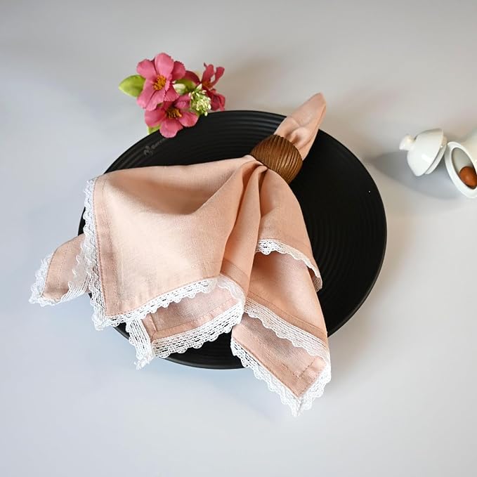 Fingercraft Dinner Cloth Napkin Cotton Linen Blend 12 Pack Mitered Corners with Elegant Lace for Everyday Use Napkins are Pre Shrunk and Good Absorbency (Pink, 12in x 12in)
