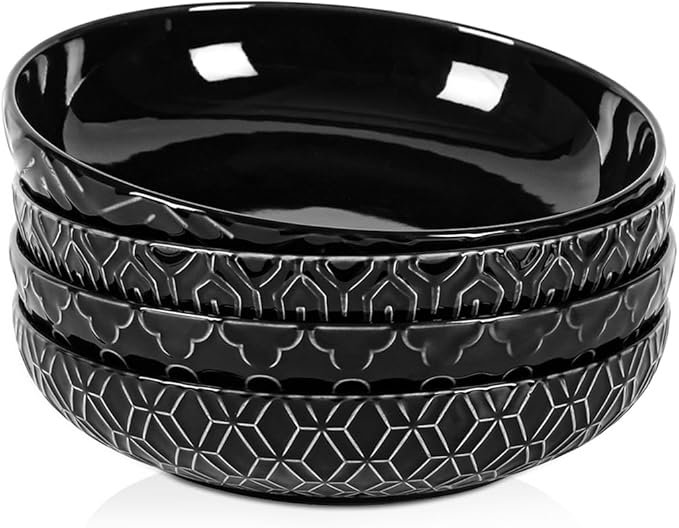 Sureasy 9.7" Pasta Bowls Set of 4-42 oz Large Salad Bowls for Kitchen, Embossed Ceramic Serving Bowls for Fruits, Soup, Pasta and Salad, Microwave & Dishwasher Safe, Black