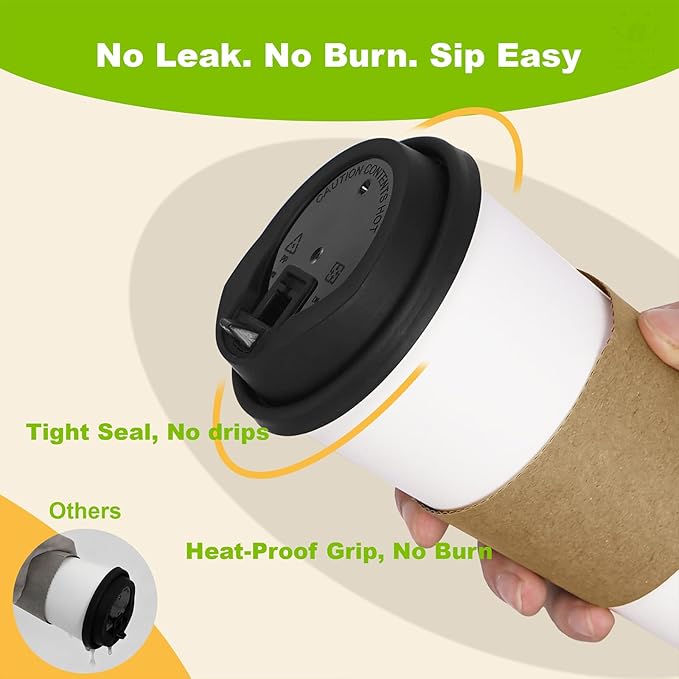 100 Pack 12 oz Disposable Coffee Cups with Lids and Sleeves, Leak-Proof To Go Coffee Cups, PLA White Paper Coffee Cups for Hot Beverage