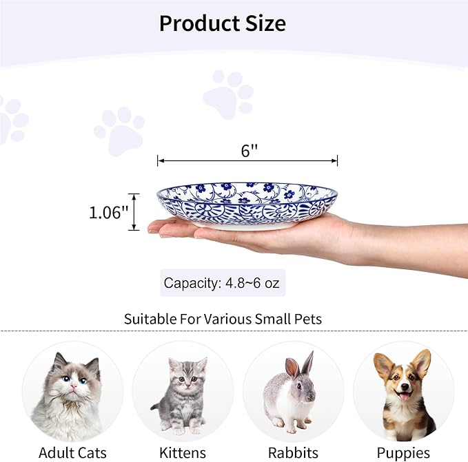 Selamica Ceramic Cat Bowls, 6 Inch Wide Shallow Cat Food Bowl for Relief Whisker Fatigue, Set of 6, Vintage Blue