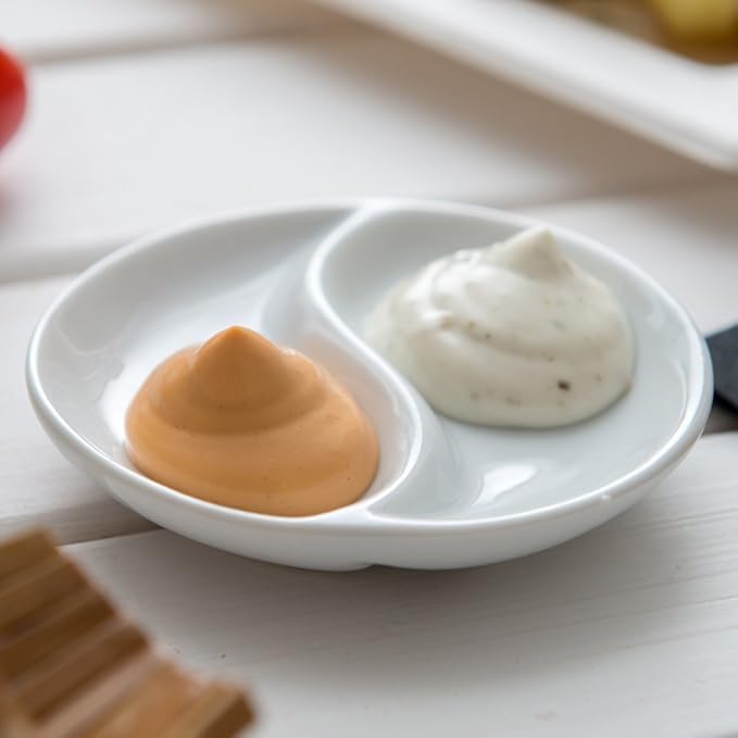 Restaurantware 3.5 Inch Sauce Plates 10 Microwave-Safe White Sauce Dishes - 2 Compartments Oven-Safe White Porcelain Small White Dishes Chip-Resistant For Sauces