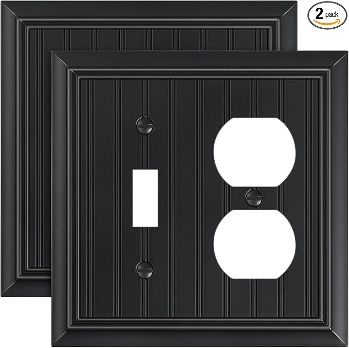 2-Pack Classic Beadboard Combo Toggle/Duplex Light Switch Cover Plate, Matte Black Outlet Cover Plate, Natural Bamboo Fiber Decorative Wall Receptacle Cover for Electrical Outlets, Light Switch