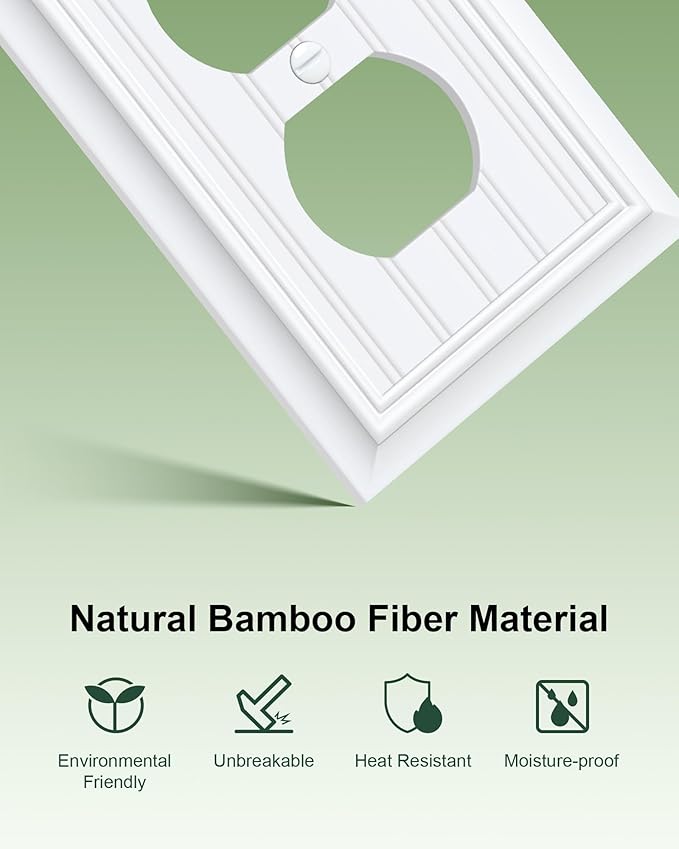 6-Pack Classic Beadboard Duplex Outlet Cover Plate, Decorative Switch Plates and Outlet Covers, Natural Bamboo Fiber Wall Plates for Electrical Outlets, 1 Gang Receptacle Cover,Pure White
