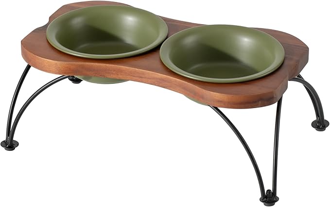 Ceramic 6.3-inch Raised Double-Bowl Set with Non-Slip Stand, 1.5 Cup Food or 15 oz Water Dishes for Small Dogs, Wide Opening with Rounded Edges(Olive Green)