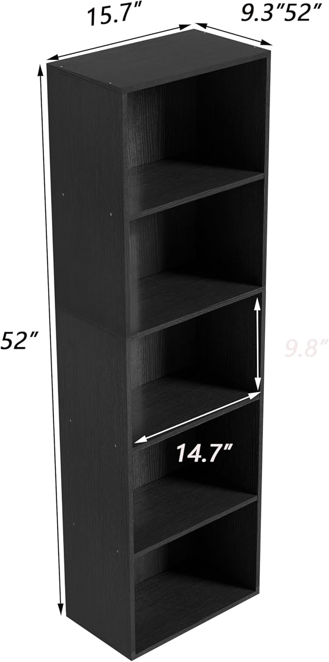 Wooden 5 Cube Storage Organizer, Black 5 Tier Bookcase Bookshelf Freestanding Storage Display Organizer, Versatile Cubes Open Shelf and Cubby Unit for Living Room, Home Office, Dinning Room 15.7inch