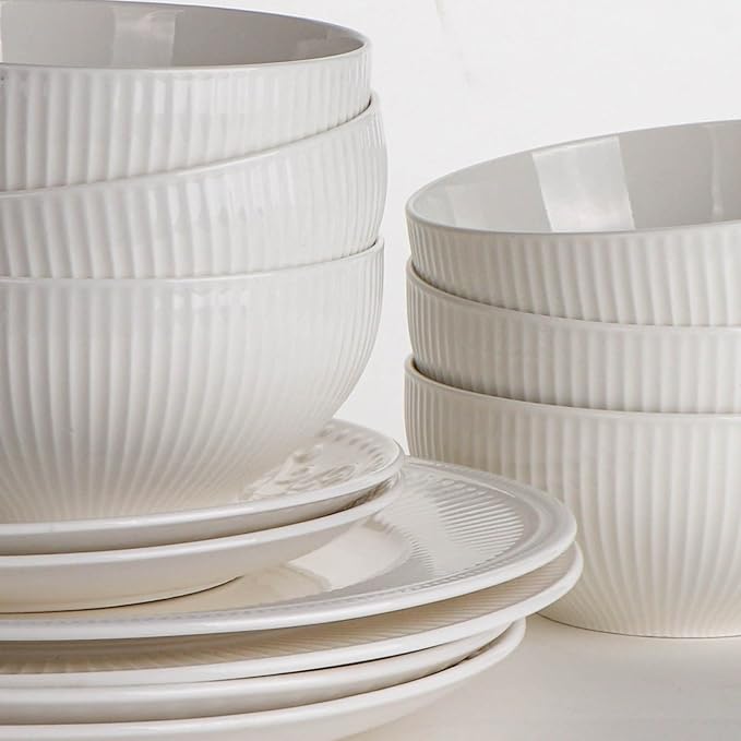 Artena Cereal Bowls 26 OZ, Ceramic Soup Bowls For Kitchen, Embossment Bowls For Rice Pasta Salad, White Bowls For Breakfast Lunch Dinner, 6 Inch, Set Of 6, Dishwasher & Microwave Safe, Stripe