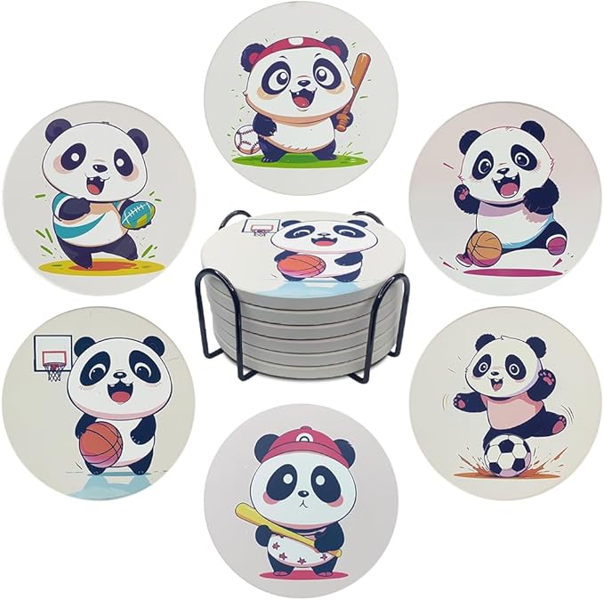 Ceramic Coasters Set of 6, Marble-Textured Design with Holder - Absorbent Cork-Backed Coasters for Cups, Bar & Coffee Table Decor Accessories (Panda, 6 Pack)