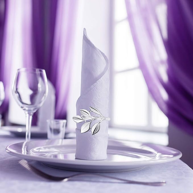 Hotop 100 Pcs Leaf Napkin Rings Set Silver Metal Napkins Rings Holders Bulk Glossy Table Adornment for Vintage Wedding Bridal Thanksgiving Christmas Holidays Fall Dinner Party Decoration Favors
