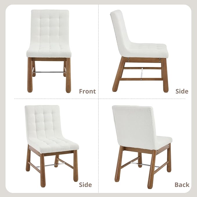 CIMOTA Modern Tufted Dining Chairs Set of 2 for Kitchen, Farmhouse White Linen Fabric Kitchen & Dining Room Side Chairs with Cushion Back, Oak Wooden Frame, Thickened Upholstered