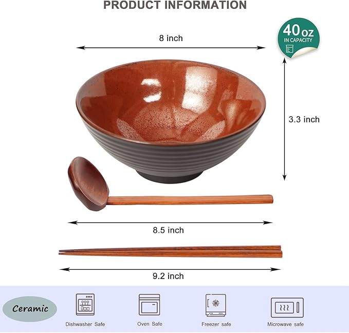 Ceramic Japanese Style Ramen Bowl Set with Chopsticks,8 inch 40 oz Pho Bowls & Asian Soup Bowl and Spoons Set for Udon Noodle,Soba,Miso Soup,Set of 2 (red)