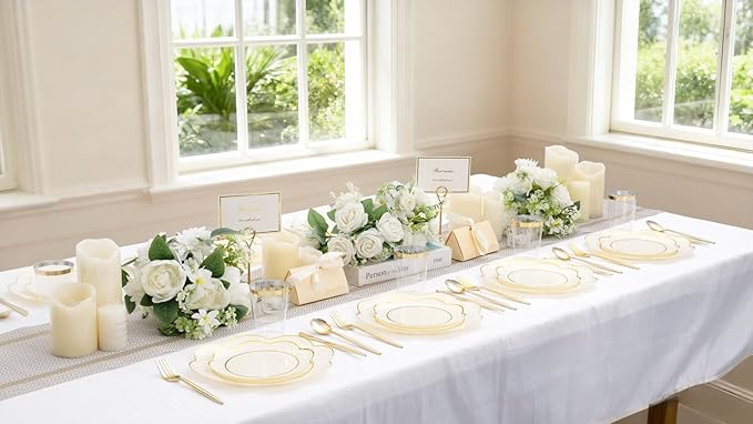 EI 180pcs Beige Plastic Plates with Gold Plastic Silverware,Heavy-Duty Disposable Plates for Party,White Dinnerware Set for 30 Guest Wedding,Afternoon Tea,Spring,Valentine's Day,Easter