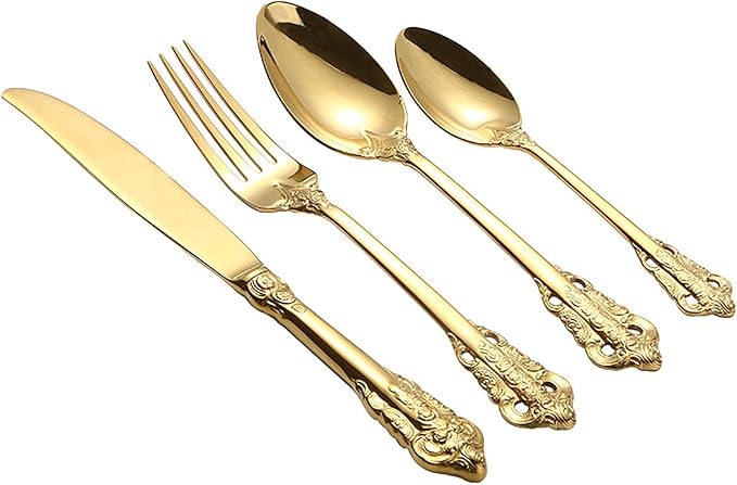 Gold Silverware Set 18/10 Stainless Steel Flatware Sets Palace Style 32 Piece Delicate Cutlery Set for 8 Durable Home Kitchen Wedding Tableware Utensil Include Knifes Teaspoons Forks and Spoons
