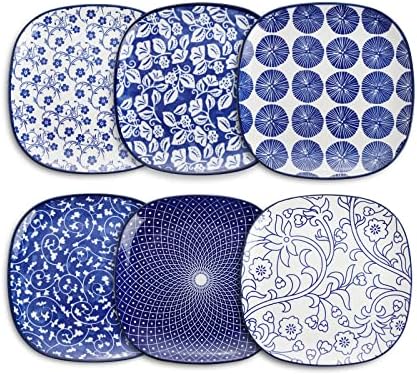 Selamica Porcelain Square Dessert Salad Pasta Plates 7.6 inches ceramic plates set of 6 microwave/dishwasher/oven safe, Vintage Blue by Selamica