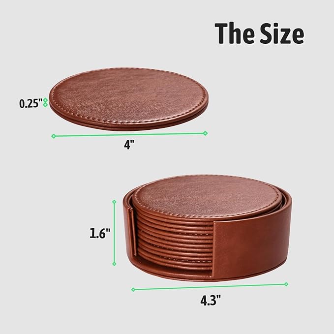 Drink Coasters with Holder, 4" Leather Coasters for Drinks Set of 6 for Tabletop Protection, Elegant Home Decor & Handmade Housewarming Gift - Brown