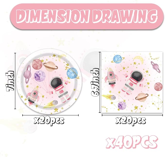 Pink planet Party Plates and Napkins - 40 PCS Pink planet Birthday Party Supplies for Boys and girl Disposable Dinner Dessert Cake Paper Plates Lunch Napkins