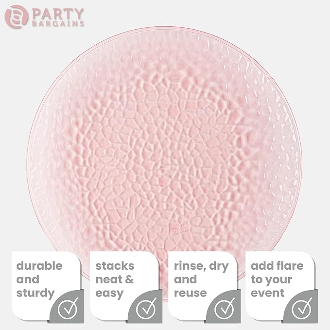PARTY BARGAINS 13-Inch Charger Plates - 48 Pack, Hammered Pink, Heavy-Duty Disposable Chargers for Elegant Dining - Ideal for Weddings and Formal Events