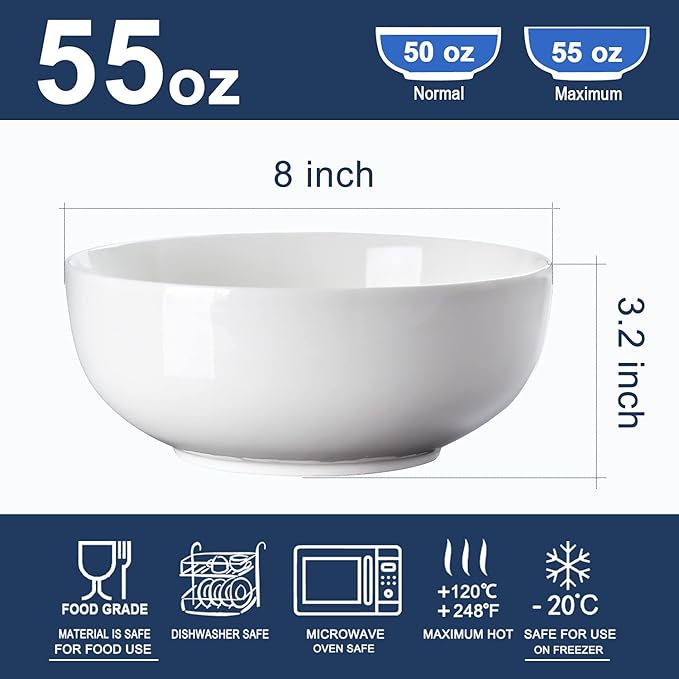 Houlu 55 oz Large Soup Bowl, 8 inch Ramen Bowl Set, Pho Bowls and Spoons Set of 3, Off White Porcelain Serving Bowls