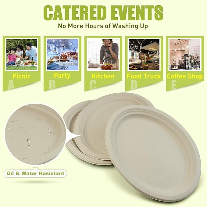 Green Earth, 12-Inch, 125-Count, Compostable Plates, Natural Bamboo Fibers, Everyday Tableware - Biodegradable Disposable Oval Shape Microwave-Safe Gluten-Free Eco-Friendly