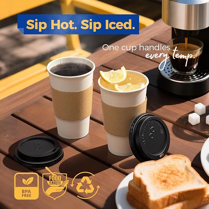Fit Meal Prep 100 Pack 16 oz Disposable Coffee Cups with Lids, Sleeves, Leak-Proof To Go Coffee Cups with Lids, Durable Paper Cups for Hot Cocoa and Coffee Bar Supplies