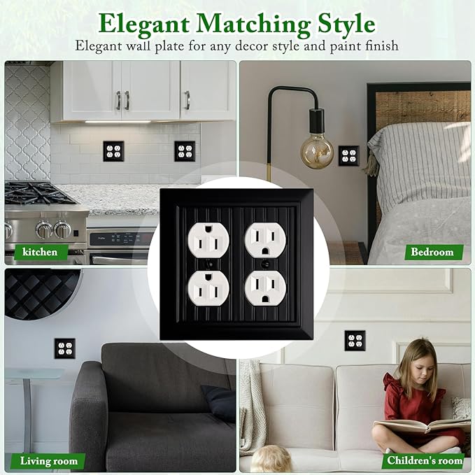 Beadboard Outlet Covers Wall Plates, Bamboo Fiber Light Switch Covers, Natural Material Electric Receptacle Decorative Switch Plate Outlet Cover Matte Black (2 Gang Duplex 2 Pack)
