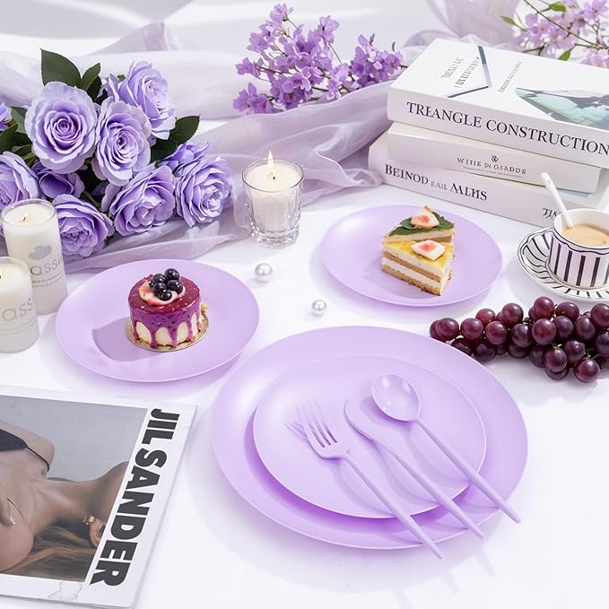 EI 150pcs Purple Plastic Plates for Party,Fancy Disposable Plates,Heavy Duty Plastic Dinnerware Set for Wedding,Easter,Afternoon Tea Party,Spring,Mother's Day,Valentine's Day