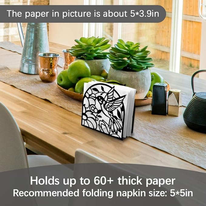 Hummingbird Decorative Black Metal Napkin Holder for Table, 4.9" x 4.9" x 2" Bird Flower Standing Napkin Holder for Home Kitchen Restaurant Picnic Party Coffee Bar Dining Room