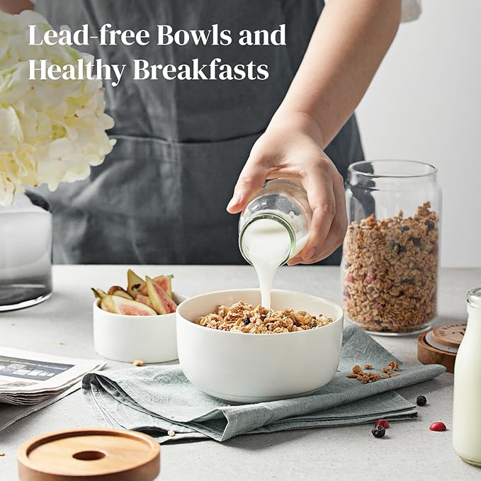 DOWAN White Ceramic Bowls Set of 6, 22 oz Ceramic Cereal Bowls, Everyday Cereal, Soup & Rice Bowls, Stackable Stoneware for Modern Kitchens, Dishwasher & Microwave Safe Bowl
