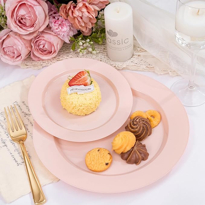 FLOWERCAT 200PCS Pink Plastic Plates Disposable Plates for Party - Heavy Duty Plastic Plates - 100 10" Pink Dinner Plates and 100 7" Pink Salad Plates for Weddings, Easter Parties,Mother's Day