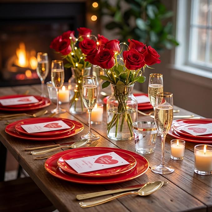 WDF 150Pcs Red Plastic Plates - Red Plates Disposable - 25Guest Christmas Dinnerware Include 25 Dinner Plate, 25 Dessert Plate, 75 Cutlery & 25 9oz Cups for Parties Valentine's Day