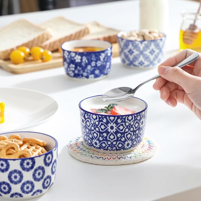 vancasso Selene 6 oz Ceramic Ramekins Set of 6, Microwave & Dishwasher Safe Souffle Cups for Baking, Dip & Sauce, Desserts, Handcrafted Blue Floral Bowls