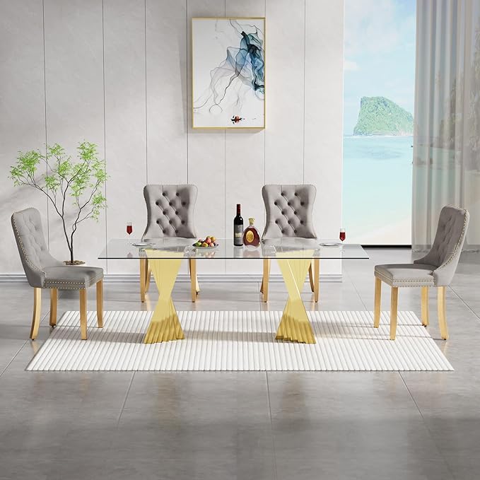 5 Piece Glass Dining Table Set,70" Dinner Room Glass Table Set for 4,Modern Kitchen Dinner Table Set with Stainless Steel Base and 4 Upholstered Velvet Dining Chairs for Living Dining Room