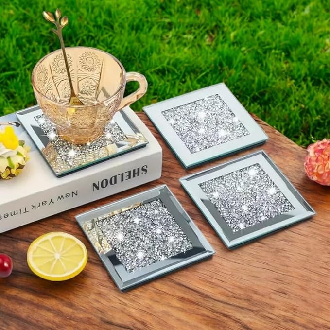 Crushed Diamond Crystal Glass Mirrored Square Coasters Set of 4 Glittering Bling Silver TRENDZY ® Drink Wine Coasters for Home Kitchen Bar & Restaurant Home Decor Birthday Wedding (Square)