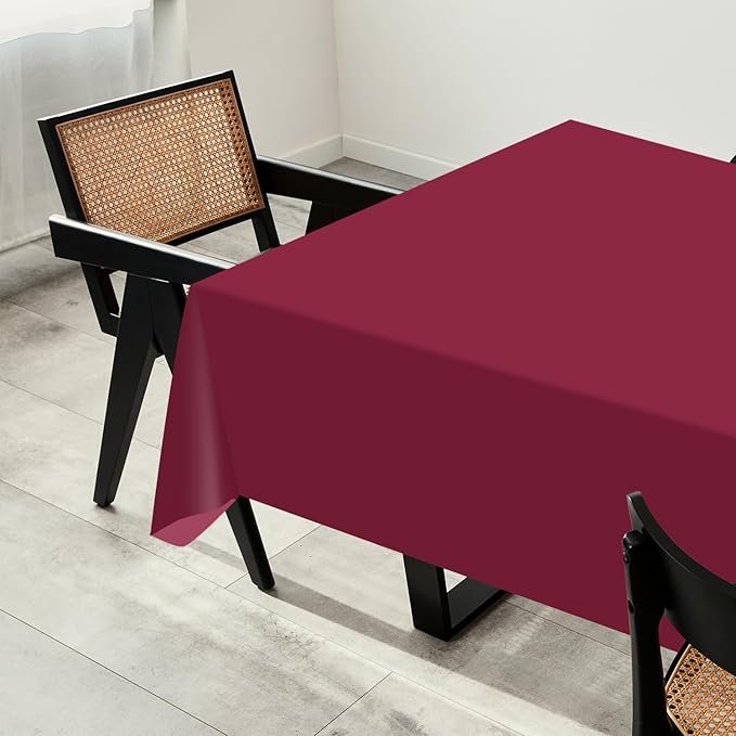 54 Inch X 200 Feet Plastic Table Cover Roll with Convenient Slide Cutter, Disposable Plastic Table Cloth Roll with Cut-to-Size Design for Weddings, Banquets, Parties (Burgundy)
