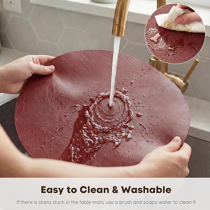 Artoid Mode Red Faux Leather Placemats Set of 6, 15 Inch Waterproof Wipeable Heat Resistant Vinyl Place Mats, Reversible Table Mats for Christmas Kitchen Dining Decor